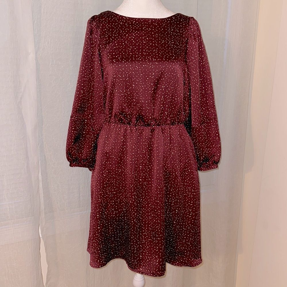 GAP S Burgundy White Rounded Boat Neck Puff Balloon Long Sleeve A-Line Dress